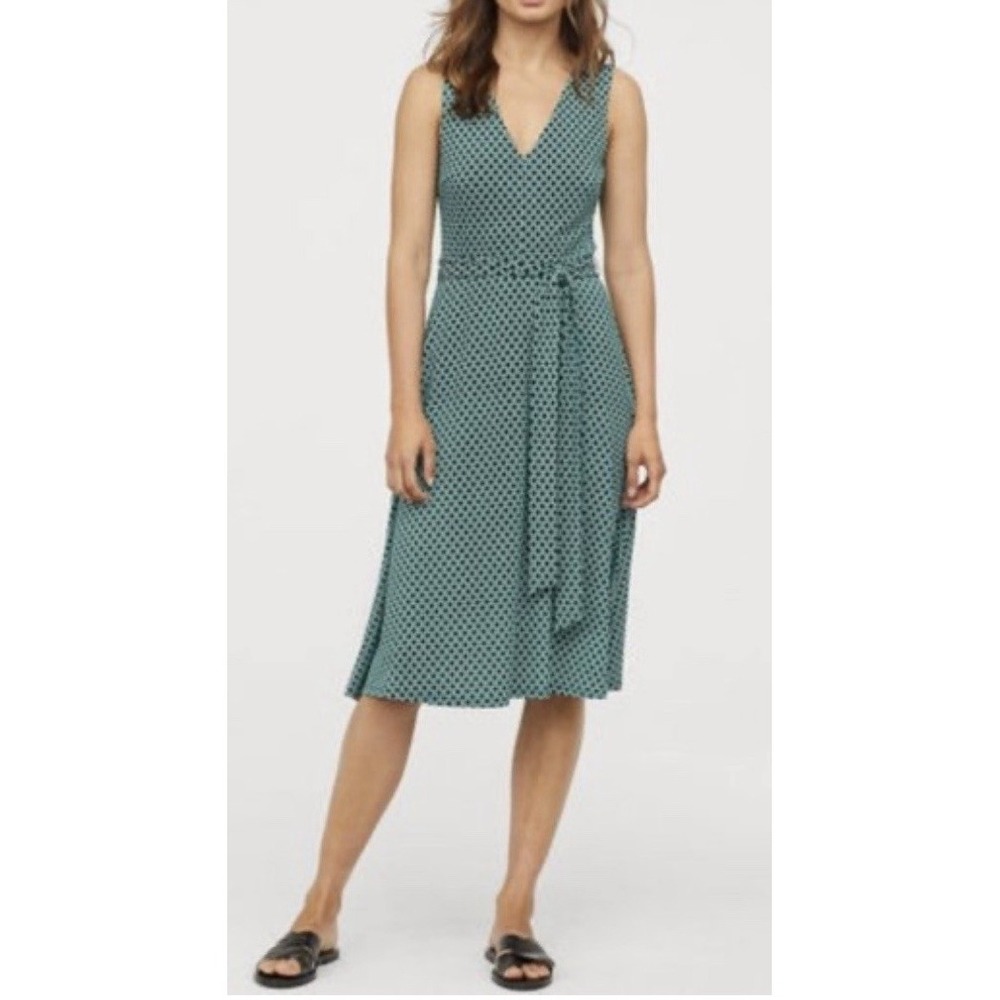 H&M Argyle Pattern Belted Midi Dress Sz S Green White Sleeveless Casual Party